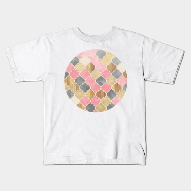 Silver Grey, Soft Pink, Wood & Gold Moroccan Pattern Kids T-Shirt by micklyn